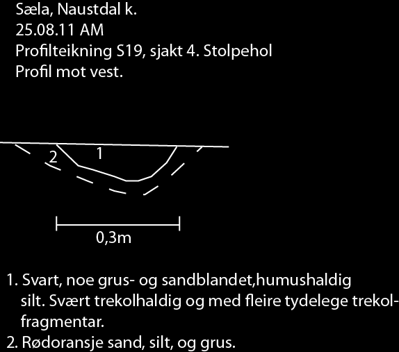 S14: Grøft. Lengde: 2,3 m og 40 cm på det tjukkaste ved profilveggen i aust, men smalnar inn til berre 15 cm i breidda i den nordlege enden. Grøfta går på tvers av sjakta i SA-NV retning.