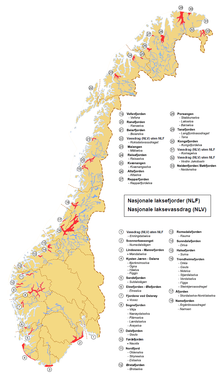 16: Nasjonal laksefjord: Trondheimsfjorden Nasjonal laksevassdrag: Orkla Gaula Nidelven Stjørdalselva Verdalselva Figga Steinkjervassdraget 17: Nasjonal laksefjord: Åfjorden Nasjonal laksevassdrag: