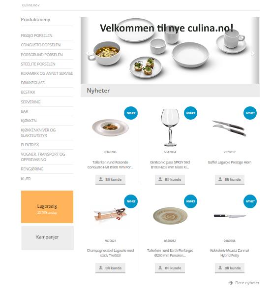 Slik bruker du culina.no Innhold Produktkatalog + Nettbutikk Side 2 Startsiden. Side 3 Finne produkter via produktmenyen Side 4 Finne produkter med fritekstsøk. Side 5 Bli kunde i nettbutikken.