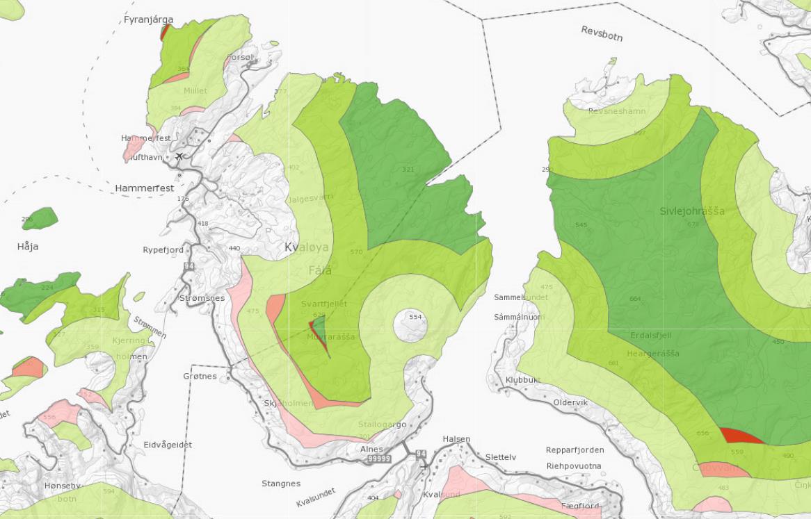 konsekvensutredning reindrift 1-16 Figur 16: Inngrepsfrie naturområder (INON) på Kvaløya (kilde: miljødirektoratet) Inngrepsfrie naturområder i Norge illustrerer tap av naturområder og dermed også