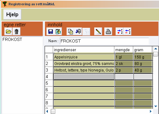 Knappene i Mat på Data er vist i vedlegg 1, sammen med hjelpefunksjoner ved bruk av tastatur. Skriv gjerne ut dette vedlegget og ha ved siden av datamaskinen.