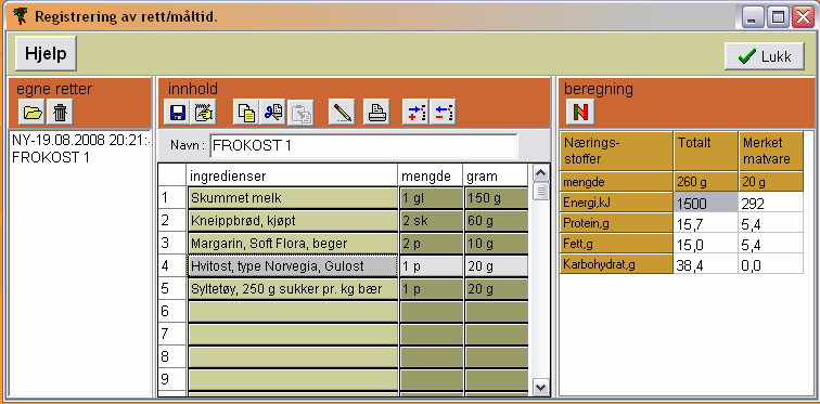 VISNING AV BEREGNING Ved registrering av en rett eller meny kan det hele tiden følges med på det totale næringsinnholdet, samt vises hva siste eller annen merket matvare bidrar med av energi og