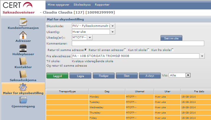 2.3.4 Endre søknad om skyss For å gjøre endringer, klikk på en av linjene slik at den endrer farge. Trykk på "Rediger" knappen og gjør ønskede endringer.