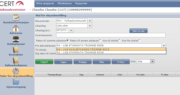 2.3.5 Tillegg for elever som bor på to adresser Ved delt bosted kan man gjerne legge inn begge adresser. - FA Folkeregistrert adresse. - A2 Adresse 2.