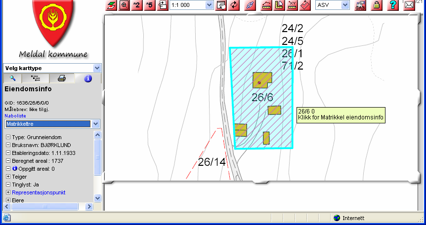 5.2 Informasjon om eiendommer Hold musepekeren over en eiendom. Eiendommen markeres med en blå kantlinje og en gul boks med teksten Klikk for Matrikkel eiendomsinfo dukker opp ved siden av.