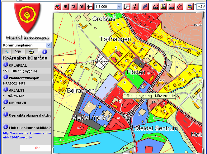 6. Hent planinformasjon Når karttypen Kommuneplanen er valgt vises kommuneplanens arealdel i kartviduet. Ved målestokker mellom 1: 30000 og 1: 1 vises også kommunedelplanene.
