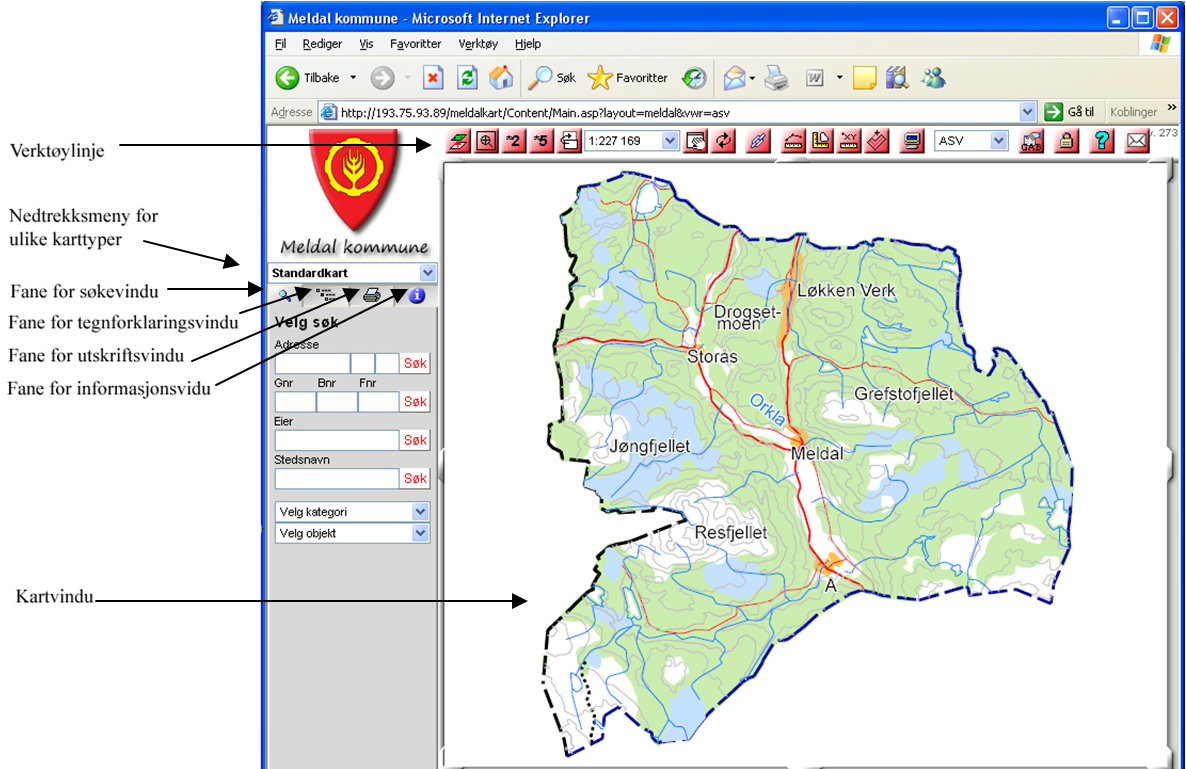 1. Oppbygningen av kartverktøyet Når du starter Meldal WebInnsyn får du opp dette bildet i Internet explorer: 2.
