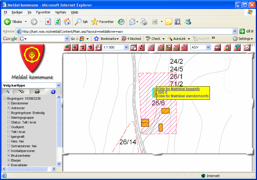 5. Hent matrikkel-informasjon om eiendommer og bygninger Ved kartmålestokken er mellom 1:7500 og 1:1 kan du klikke på eiendommer og bygninger i kartet og hente fram matrikkel-informasjon i