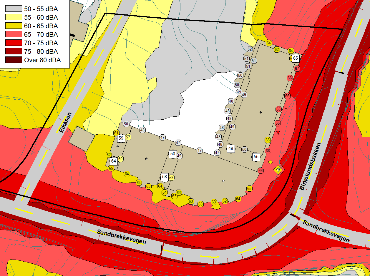 4 Beregningsresultater Lydnivå (L den ) på bakkenivå (1,7 m over terreng) er vist i figur 2.