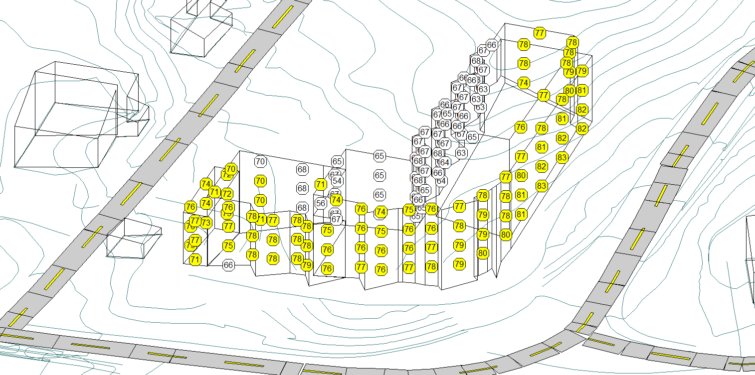 Figur 4: Lydnivåer (L den) ved fasade (frittfelt). Anbefalt grenseverdi fra T-1442: 55 db. Overskridelser av grenseverdi er markert med gult og rødt.