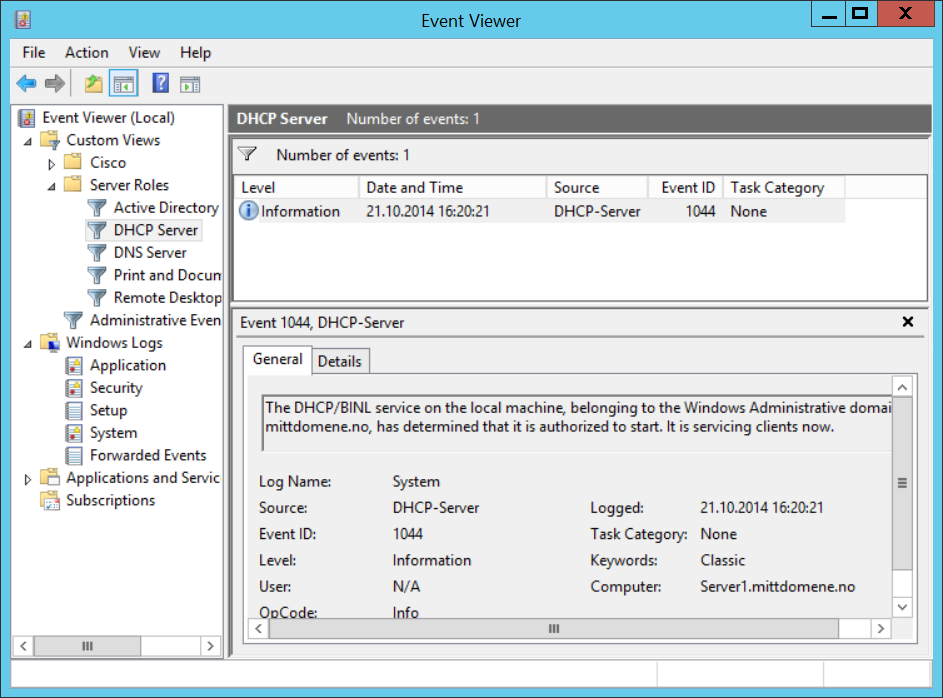 118 Eksempel på meldinger fra DHCP-rollen. Det kommer så mange meldinger i Event Viewer at det kan være vanskelig å hente ut den informasjonen vi ønsker.