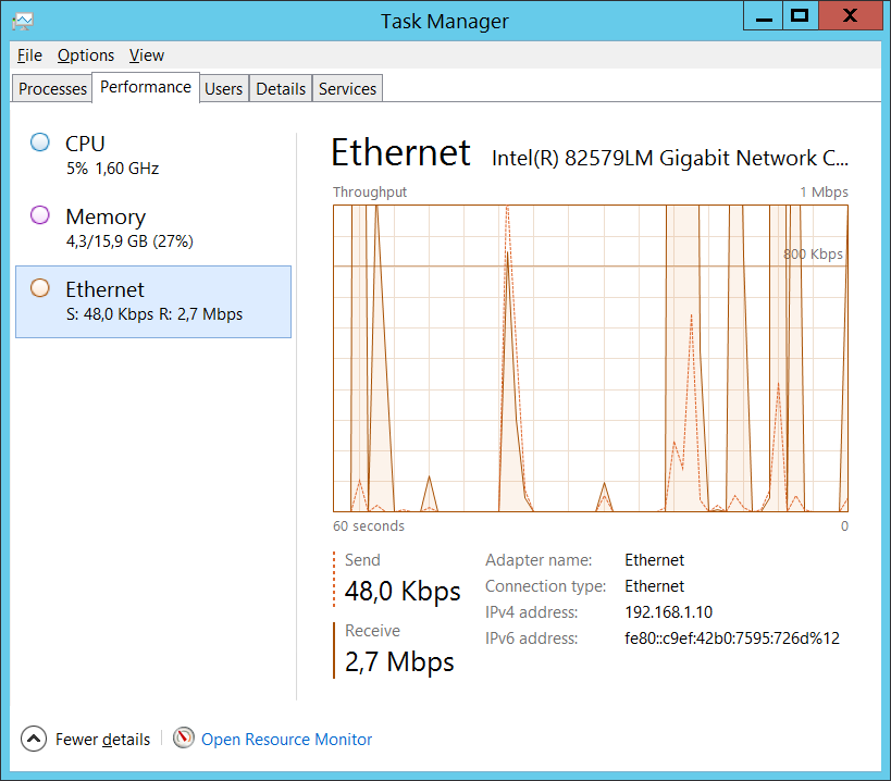 Ethernet Ved å velge Ethernet kan vi få en grafisk framstilling av nettverkstrafikken det siste minuttet.