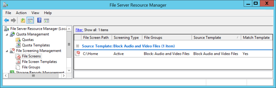 10.6 FILE SCREENING Under File Server Resource Manager har vi mulighet for å sette opp File Screening. Dette er et slags filter som nekter brukere å lagre enkelte typer filer.