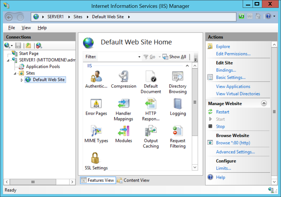 160 a) Velg Internet Information Services (IIS) Manager FRA Tools menyen i Server Manager eller trykk på Win- iis.