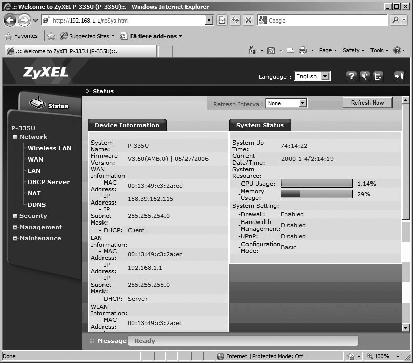 Eksempel på liten hjemmeruter. I menyen til venstre kan vi velge å konfigurere trådløst nett (wireless), WANporten (til Internett), LAN, vårt private lokalnett og DHCP-server. 2.