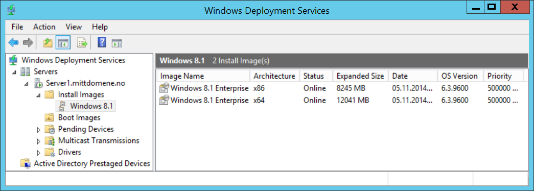 e) Velg Respond to all client... f) Fjern kryss på Require administrator approval. g) Nå kan vi gå til Install Images. Lag en Image group som heter Windows 8. h) Sett inn Windows 8.1 DVD.