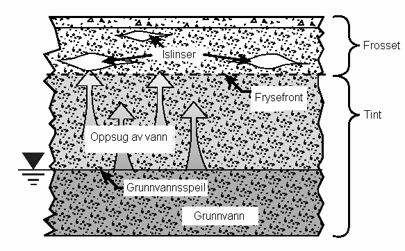 4. Telemekanismen Ved dimensjonering av veger i områder med sesongmessig frost må en ta hensyn til de problemer som frostens effekt har på vegkonstruksjonen.