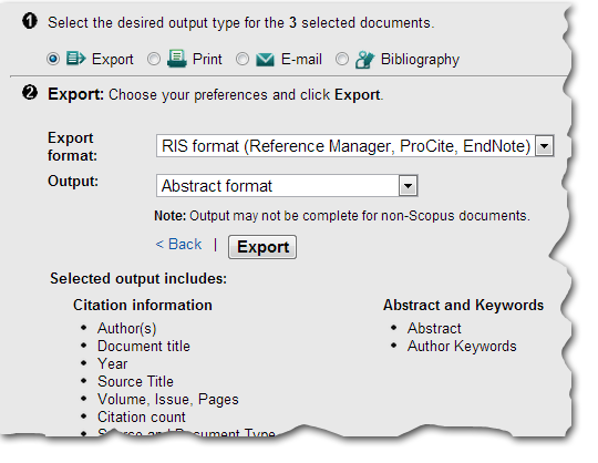 Eks. 4: Scopus Hak av de referansene du ønsker overført og klikk "Export". Velg Export format: "RIS format (Reference Manager, ProCite, EndNote)" i nedtrekksmenyen.