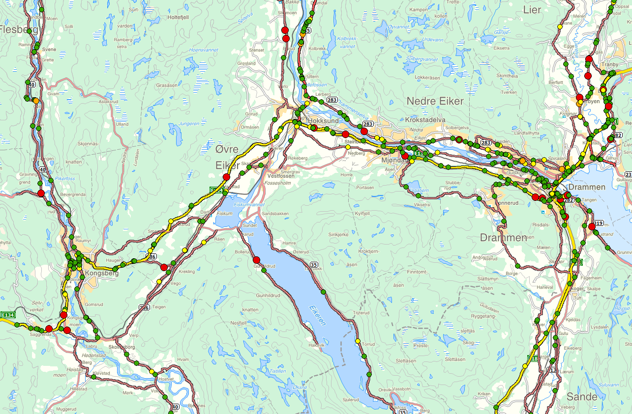 KONSEKVENSER KNYTTET TIL TRANSPORT Figur 30: Enkeltulykker i perioden 2005 2010. NVDB (Statens vegvesen, 2012) Det har vært flere dødsulykker på E134 gjennom planområdet.