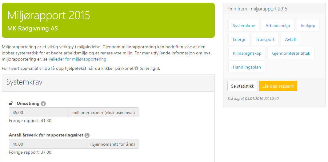 Miljørapport levert klikk «Se statistikk»