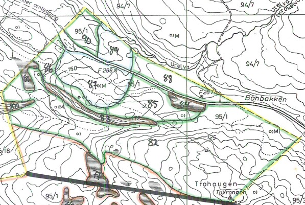 Det omsøkte areal Fig 7 Bestandskart, skog Det omsøkte areal er udyrkbar skogsmark. I følge skogbruksplan fra 2003 består skogen av bjørk på middels låg bonitet samt furu på låg bonitet.