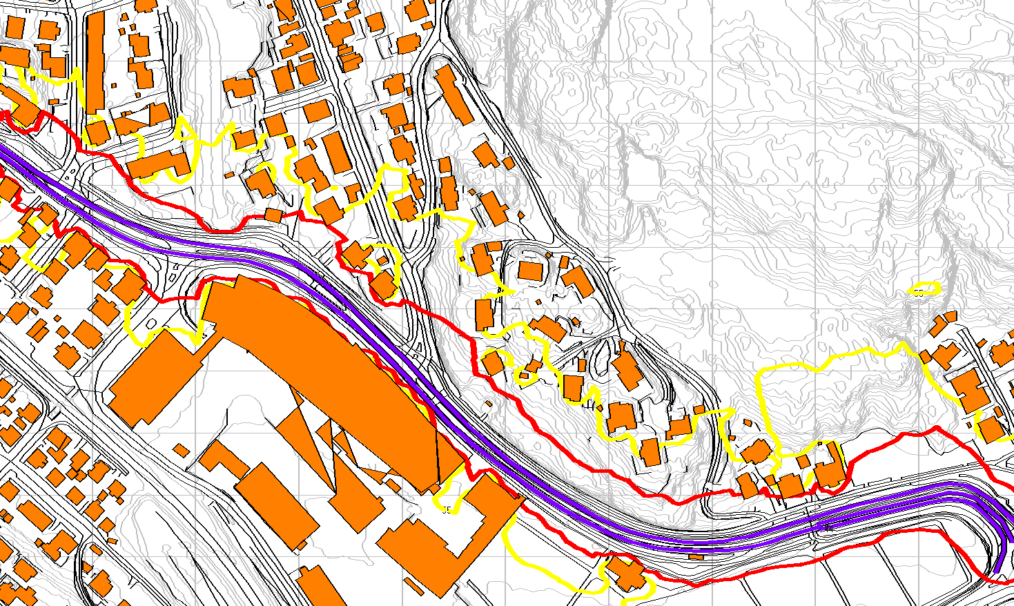 VEDLEGG D: KARTLEGGING AV STØYKOTER, 2 METER BEREGNINGSHØYDE, SITUASJON I DAG Figur 5: Beregning av støykoter for situasjon i dag, fremskrevet trafikkmengde år