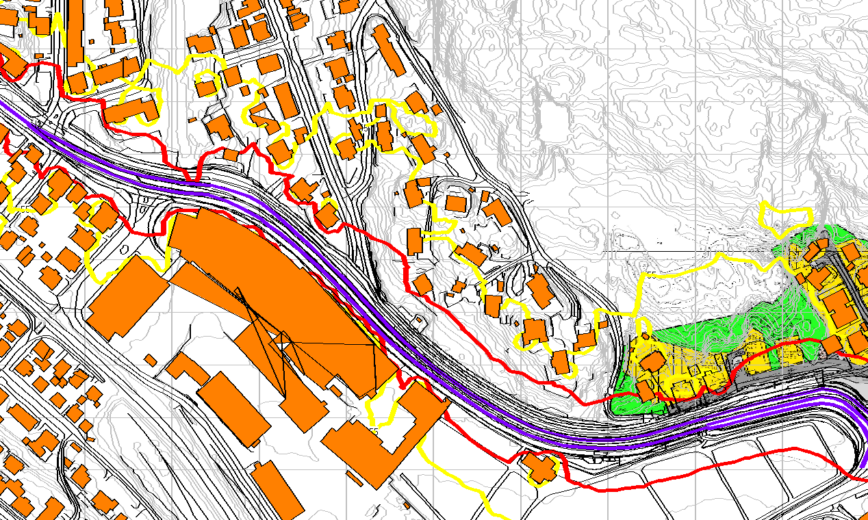 VEDLEGG I: KARTLEGGING AV STØYKOTER, 4 METER BEREGNINGSHØYDE, SITUASJON ETTER UTBYGGING, UTEN SKJERMING Figur 10: Beregning av støykoter for situasjon etter utbygging, fremskrevet