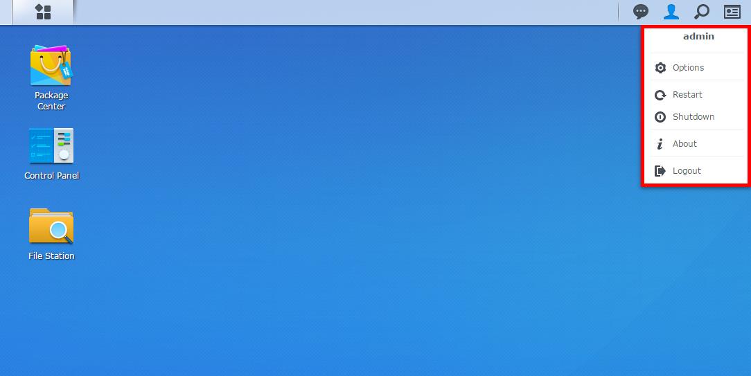 Brukerveiledning for Synology NAS Slå av, start på nytt, logg ut eller administrer personlige alternativer Klikk på menyen Alternativer (det personformede ikonet øverst til høyre) for å slå av,