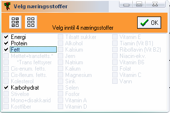 2) Nytt skjermbilde: "Velg næringsstoffer". Du skal nå endre utvalget av næringsstoffer. Klikk på hurtigtasten for å velge næringsstoffer. Skjermbildet Velg næringsstoffer kommer opp.