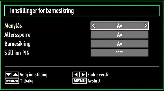 Foreldrekontroll For å forhindre at at enkelte programmer kan ses, kan kanaler og menyer låses ved bruk av et system for foreldrekontroll.