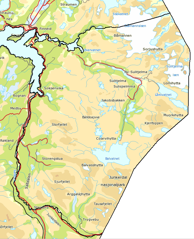 4.2.2 Oversikt ver distriktene Distrikt Areal km2 Fastsatt reintall Reintall 1.4.2011 Antall siidaandeler Saltfjellet 5835 3500 3344 7 Balvatn 1932 1 000 973 2 Tilsammen (Nrdland) 32613 18200 15523 44 Fig 4-1: Utsnitt av tabell versikt ver reinbeitedistrikt i Nrdland.