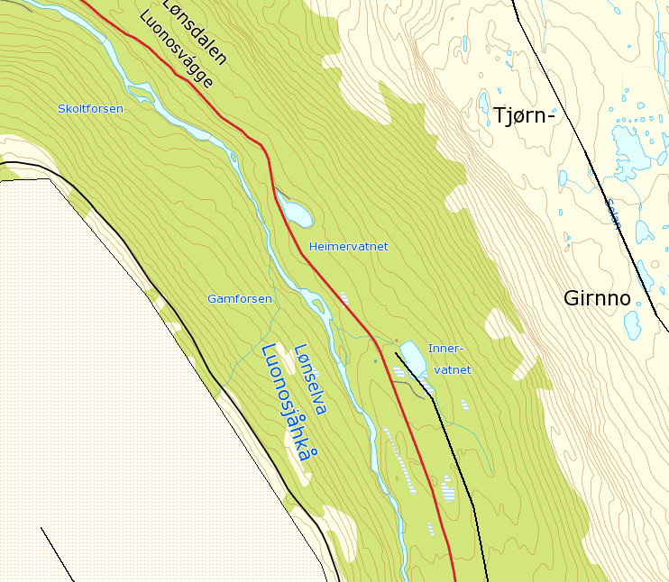 4.4.3 Oppdatert reindriftskart Vi viser til fig 4-11 fr ppdatert situasjn mkring Strjrd. Fig 4-15. Flyttlei ved 11.000m mellm Innervatnet g Heimervatnet. Vi tar frbehld m krrekt angivelse av flyttlei.