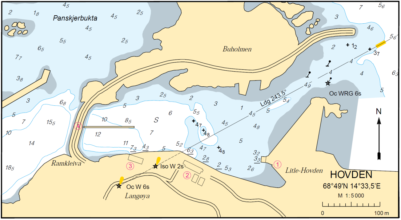 2.10 Bølger/ strøm Utdrag fra den norske los: Havnen ved Hovden er trang, men godt beskyttet av moloer. Innløpet er smalt og går mellom to jernstenger på N-siden og lykt på S-siden.