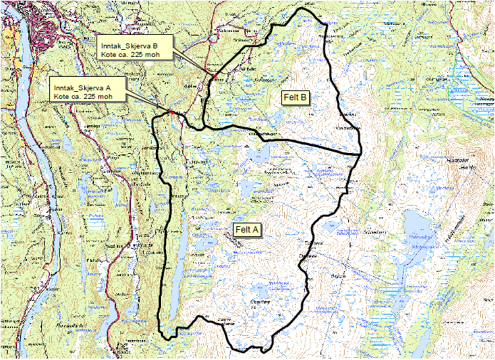 SKJERVA/REINFJELLELVA KRAFTVERK Kraftverket vil utnytte to ulike felt; Skjerva på 36,3 km 2 og Reinfjellelva på 14,9 km 2 (henholdsvis A og B i figur 1).