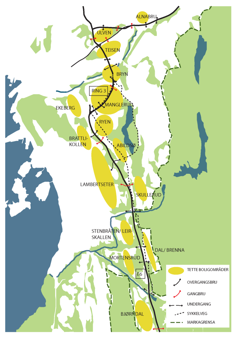 1.2.10 Nærmiljø og friluftsliv For boligområdene langs E6/Ring 3 fungerer vegene som barrierer mellom de forskjellige boligområdene, og mellom boligområdene, skoler og arealer for friluftsliv.