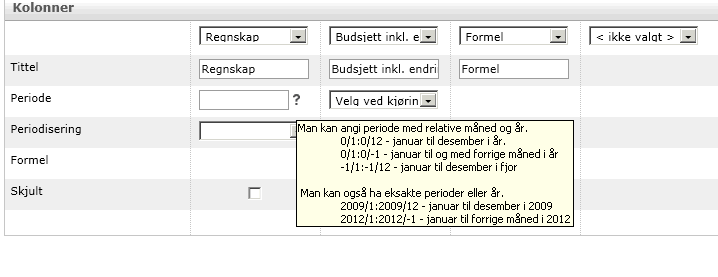 Periode Velg mellom forhåndsdefinerte utvalg eller skriv inn et egendefinert utvalg. Hvis du ikke velger periode vil du bli bedt om å velge periode når du kjører rapportmalen.