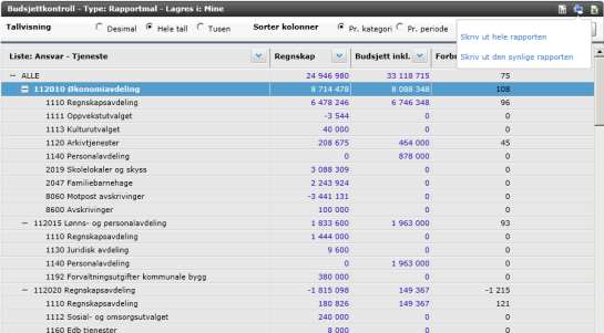 Under vises eksempel på hvordan du kan skrive ut «Den synlige rapporten». Velger du å skrive ut den synlige rapporten får du ut rapporten slik du har definert den i liste- eller utforskervisning.