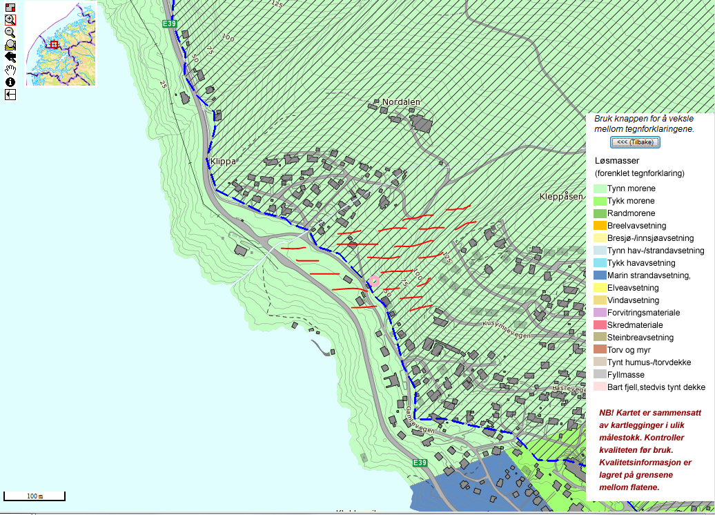 4. Massestabilitet / kvartærgeologiske kart /Marin grense Kvartærgeologiske kart beskriver løsmassedekket og gir informasjon om bl.a. type og mektighet av løsmasser og overflateformer (blant annet eldre skredløp og skredavsetninger).