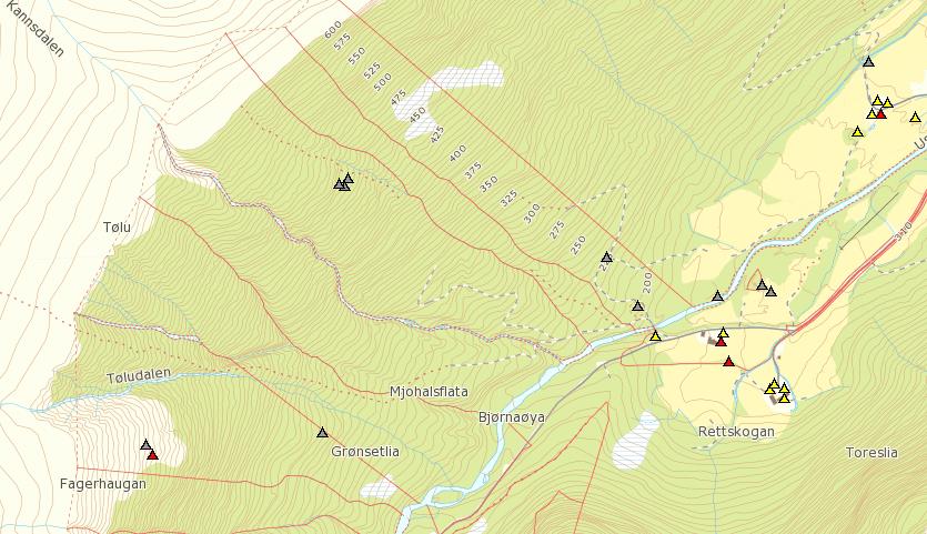 registrert forholdsvis mange gamle fangstanlegg (fra http://askeladden.ra.no). Figur 27. Registrerte SEFRAK-bygninger langs Kannsdalselva og ved Brandstad.