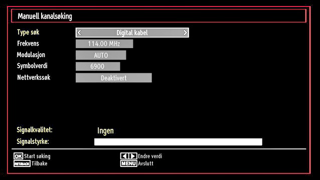 Manuell innstilling HINT: Denne funksjonen kan brukes for innlegging av direktesendinger. Velg Manuelt Søk fra installasjonsmenyen ved å bruke / og OK. Manuellt søk valgskjerm vil vises.