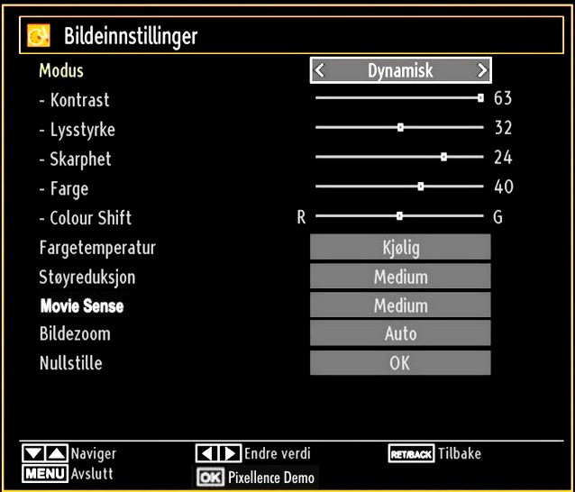 Panoramic Denne strekker venstre og høyre side av et normalt bilde (4:3-bildesideforhold) for å fylle inn skjermen uten å gjøre bildet unaturlig. Toppen og bunnen av bildet beskjæres litt.