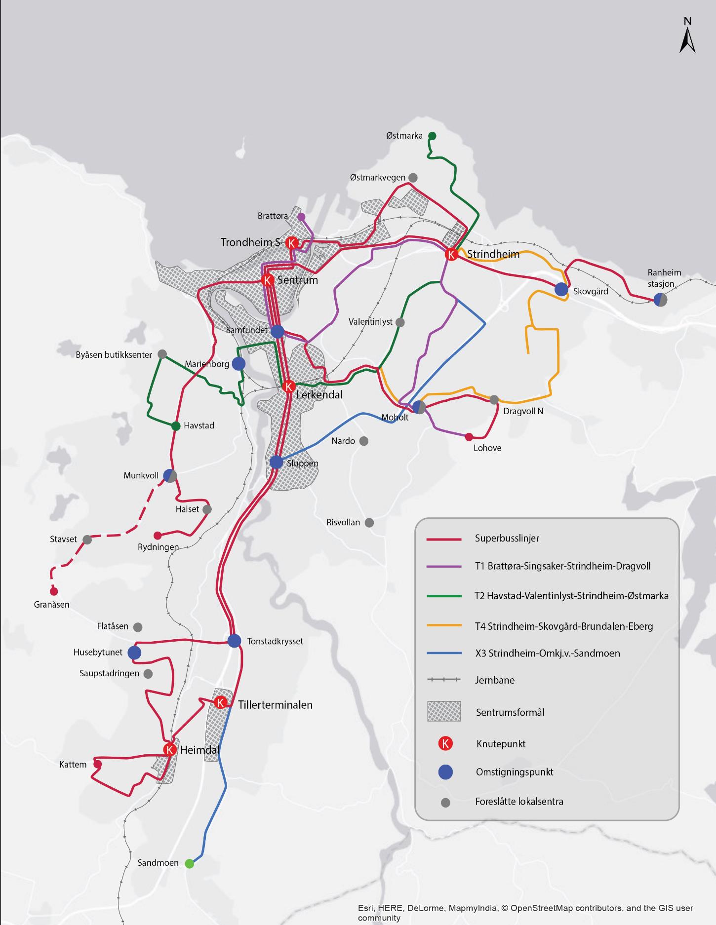 Figur 34: AtBs/Rutestrukturprosjektets anbefalinger av superbusstraséer,