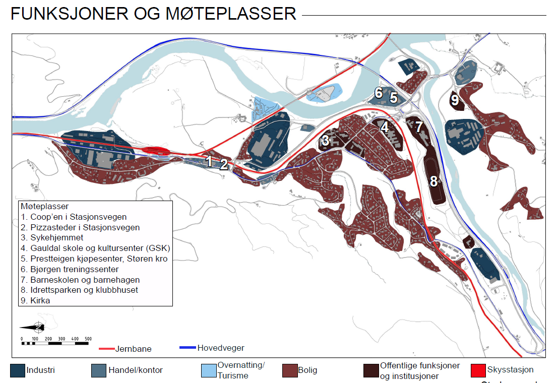 Kartet under viser møteplasser i forbindelse med Stedsanalysen for Støren.