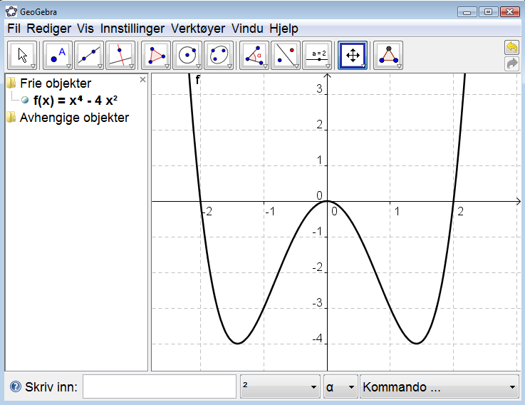 Still inn aksene slik at et passe utsnitt av grafen vises. b) Skriv i inntastingsfeltet Nullpunkt[f] og trykk Enter. Koordinatene til nullpunktene vises nå i algebrafeltet.