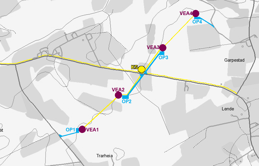 Oversiktskart Fotland Nye VEA Oppstillingspunkter / nye veier Kabeltraseer / eksisterende nett (Lyse) Kart 6.2 Oversiktskart for planlagt utbygning ved Fotland Vindkraftverk 6 6.