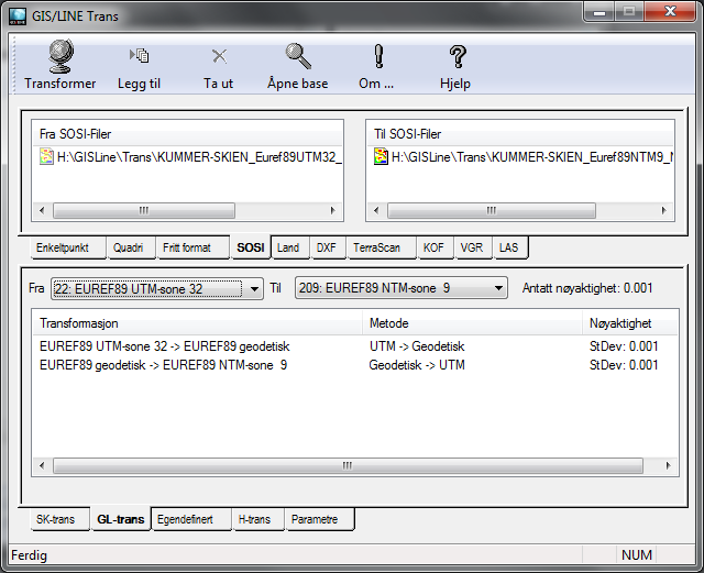 Velg «OK». 3) Velg deretter «GL-trans» (se bilde under). Deretter Fra «22:EUREF UTM-sone 32» Til «209: EUREF89 NTM-sone 9 («systeminformasjon») slik: 4) Velg «Transformer» (globusen) opp til venstre.