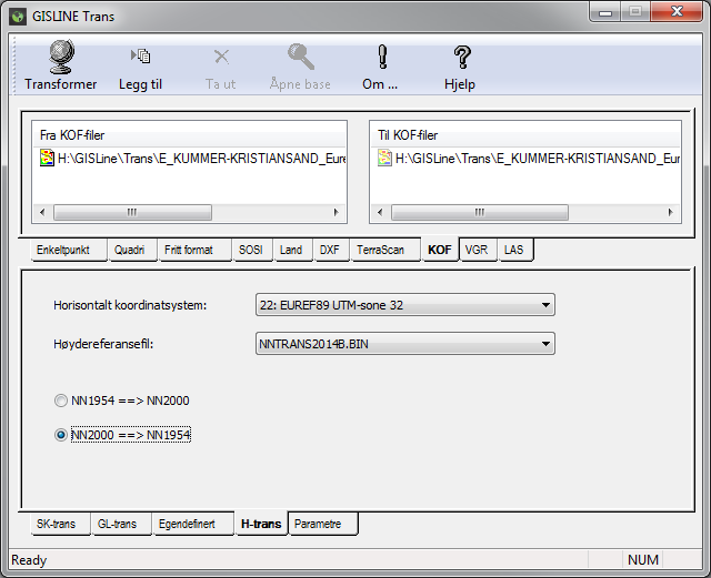 Kristiansand i Vest-Agder er pr i dag en av kommunene som har gått over til NN2000. I eksemplet benytter vi 2 kummer som ligger i Euref89 UTM32 NN2000 (KOF-formatet).