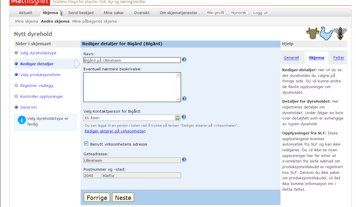 Fyll inn informasjon om bigårdsplassen i skjemaet, du kan huke av
