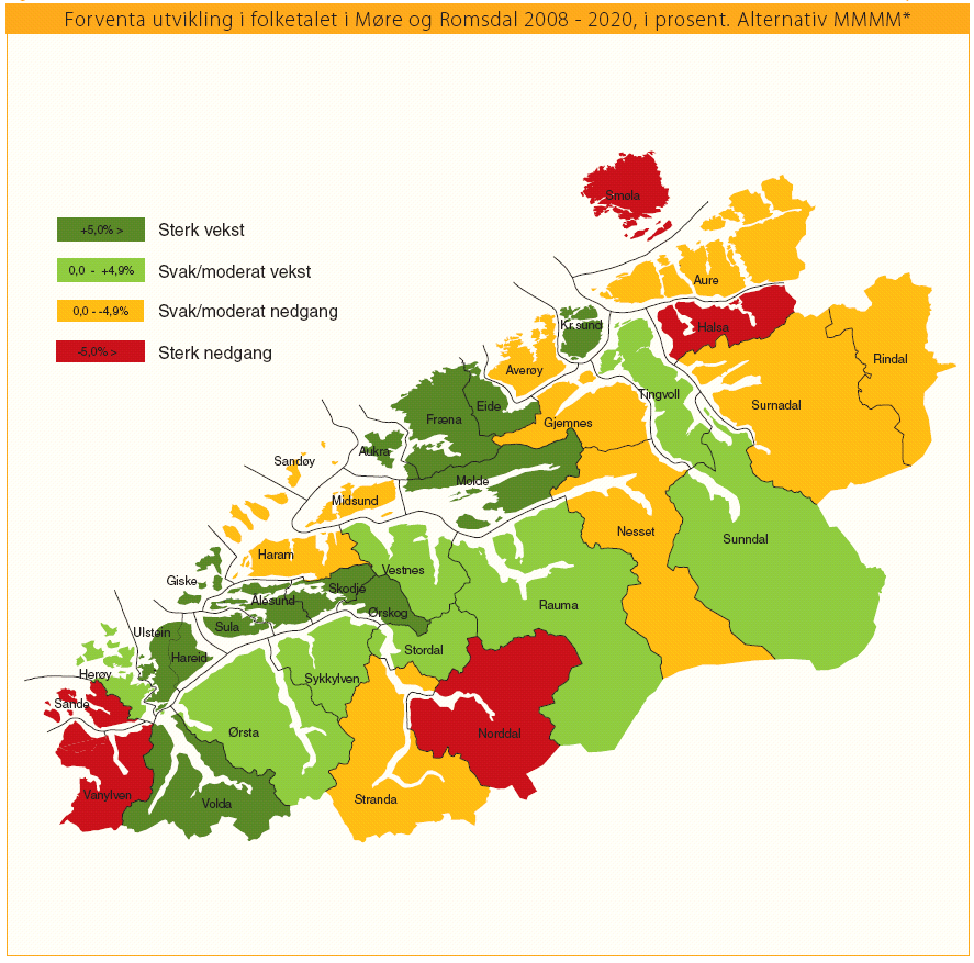 Side 8 Kartet fra SSB viser folketallsutviklingen mot 2020 i kommunene i fylket med en middels nasjonal vekst. Kartet viser en forventet svak/moderat nedgang i folketallet i Nesset fram mot 2020.