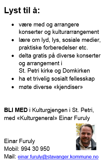 Vi gleder oss til å bli kjent med deg! St. Petri menighet Postboks 201, 4001 Stavanger.